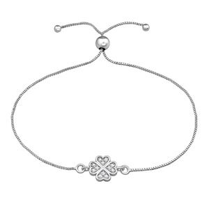 Rhodium Plated Sterling Silver Four-Leaf Clover Bracelet – Adjustable with CZ